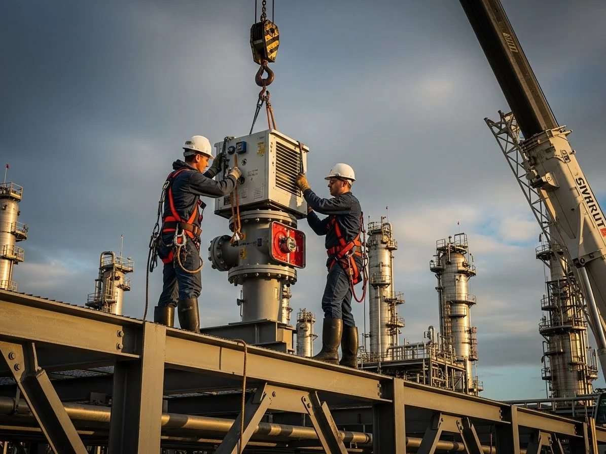 Instalación profesional de monitores contra incendios en planta industrial